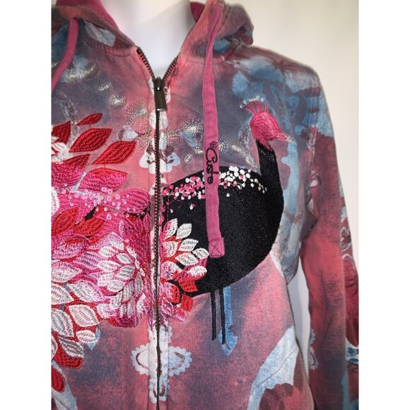 Custo Barcelona Y2K Peacock Embroidered Zip Jacket Size 2 Small - Picture 4 of 7